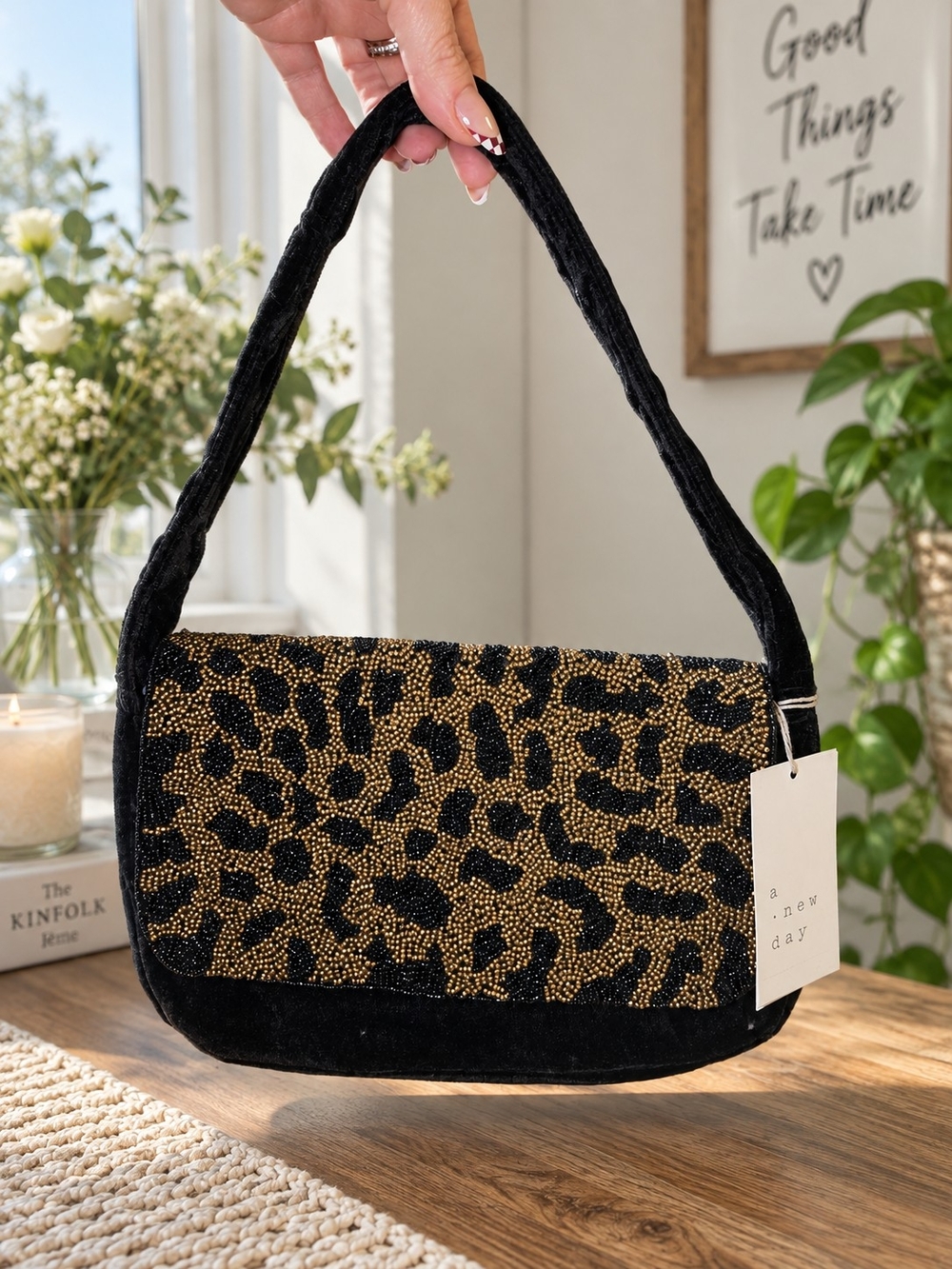 A New Day Black Velvet Leopard Beaded Shoulder Bag | NWT